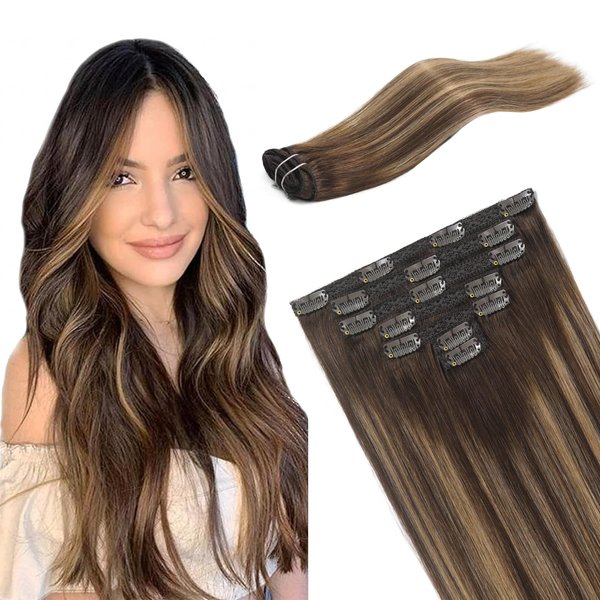 FUBILI Clip in Hair Extensions Balayage Chocolate Brown to Caramel Blonde Real Human Hair Extensions 20 Inch 7pcs 120g Remy Hair Extensions for Women Clip Extensions Full Head Straight Hair