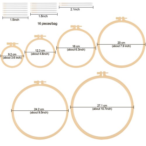 6 Pcs Embroidery Hoop 6 Size, Round Plastic Cross Stitch Hoop with 16 Needles (3.6In to 10.7 in), Small Embroidery Hoop, Cross Stitch Hoops and Frames, Suitable for Embroidery, Craft Sewing