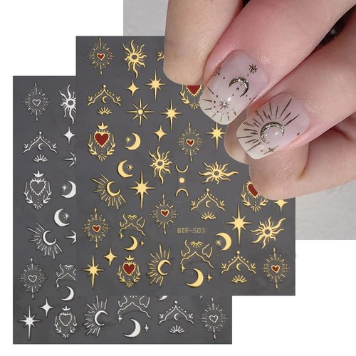 6 Sheets Sun Star Nail Art Stickers Moon Nail Stickers Fish Bone Nail Decals Gold Rose Sliver Fish Bone Moon Star Design Nail Art Supplies for Women Girls Acrylic Nails Decorations Salon Accessories
