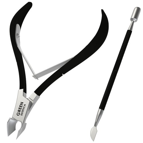 Cuticle Trimmer with Cuticle Pusher Professional Stainless Steel Cuticle Cutter Sharp Blades Double Spring Cuticle Nippers for Nail Care Pedicure Manicure Nail Tools for Home Spa (Black)