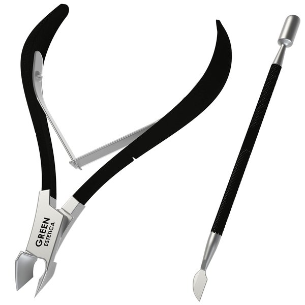 Cuticle Trimmer with Cuticle Pusher Professional Stainless Steel Cuticle Cutter Sharp Blades Double Spring Cuticle Nippers for Nail Care Pedicure Manicure Nail Tools for Home Spa (Black)