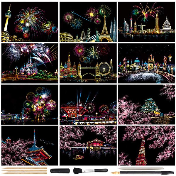 Magic Scratch Art Paper, Mini Envelope Postcard, Rainbow Night View Scratchboard for Adults and Kids, Art & Crafts Set: 12Sheets Scratch Cards & 7 Tools Drawing Pen, Clean Brush (Colorful Fireworks)