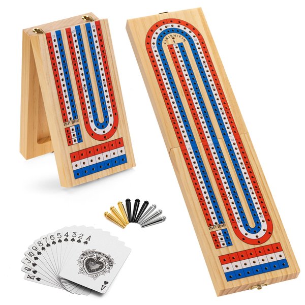 Ceebyfa Foldable Cribbage Board Game Set, Portable Travel Cribbage Board with Storage Area, 9 Metal Pegs, 1 Playing Card and Instruction. Classic Cribbage Game for Family.