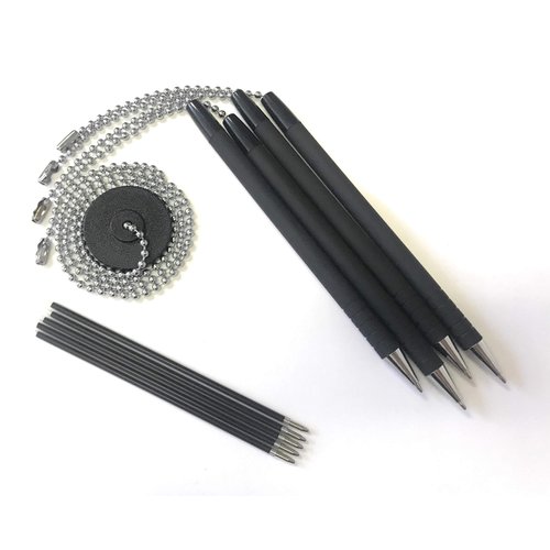 Officewerks Secure Pen With Chain And Office Pen Holder Adhesive, Reception Counter Pen With 26" Ball Chain, 4 Pens With Chain Attached Per Pack, Rubber Grip, Black Ink, Easily Refillable