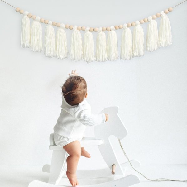 Vgaruint White Yarn Banner - Cream Wood Bead Tassel Garland Boho Decor, Boho Nursery Wall Hanging, Christmas Decor, Baby Bridal Shower Party Supplies