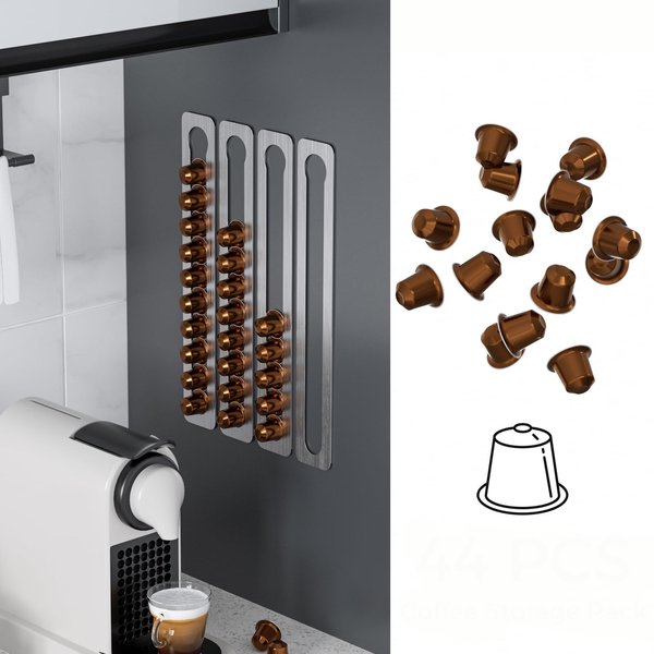 JNIHEEP Coffee Pod Holder Stainless Steel Adhesive Capsule Holder for Nespresso Pods,Vertically or Horizontally Mounted on Walls or Under Cabinets,15.75" L by 2.38" 4 Packs Storage Holds 44
