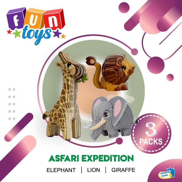 Universal Castle 3 in 1 Animal Theme 3D Puzzle Cardboard DIY Craft Set for Children Adventure Toy Fun Gift (Safari Expedition)
