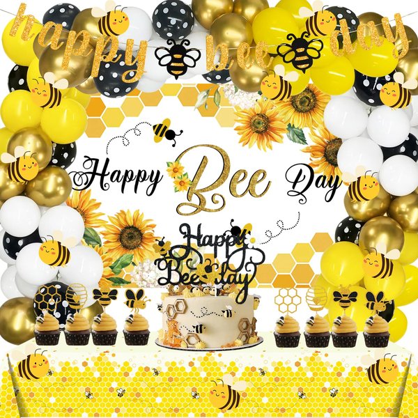 158 PCs Bee Party Decorations, Hombae Happy Bee Day Themed Birthday Party Decorations Backdrop Balloon Garland Banner Tablecloth Cake Cupcake Toppers Cutout Honey Bumble Bee Yellow Black