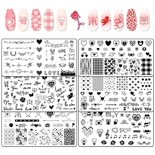 Glodecart 6pcs Valentine's Day Nail Stamping Plates for Women Nail Art, Stainless Steel Heart Romantic Nail Plates Template Set for DIY Valentine's Day Nail Decoration Love-Themed Nail Plates Designs