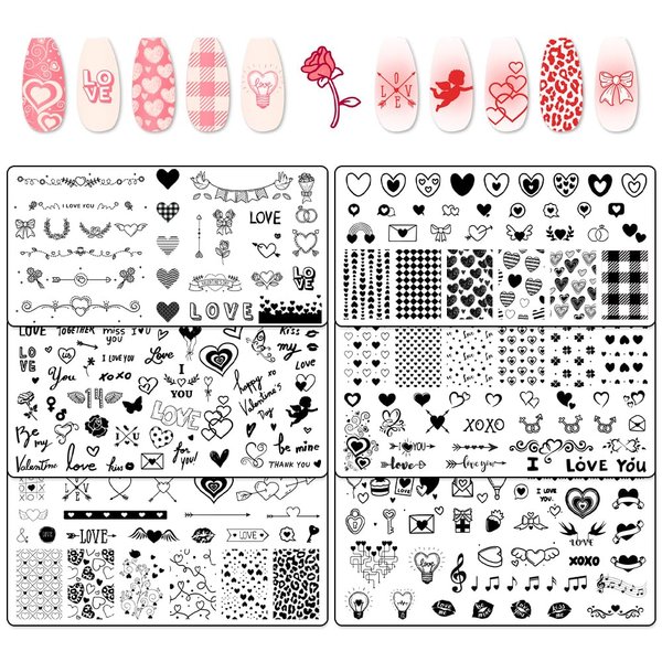 Glodecart 6pcs Valentine's Day Nail Stamping Plates for Women Nail Art, Stainless Steel Heart Romantic Nail Plates Template Set for DIY Valentine's Day Nail Decoration Love-Themed Nail Plates Designs