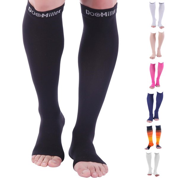 Doc Miller, Open Toe Compression Socks, 8-15 mmHg, Toeless, Support Circulation, Shin Splints, Calf Recovery, Varicose Veins, Knee High, Medical Grade, Black Socks, Small Size for Men & Women, Pair