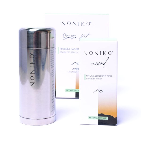 NONIKO - Natural Deodorant - UNWIND STARTER KIT - Stainless Steel Container - Aluminum Free, Paraben Free, Plastic Free - For Men & Women – Lavender and Mint