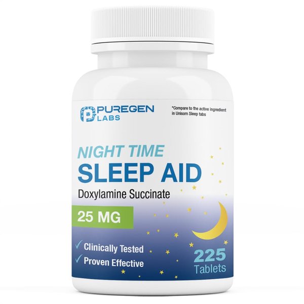 Puregen Labs Doxylamine Succinate 25mg | Nighttime Sleep Aid | Safe & Effective | Non-Habit Forming Sleep Aid | Made in USA | 225 Tablets