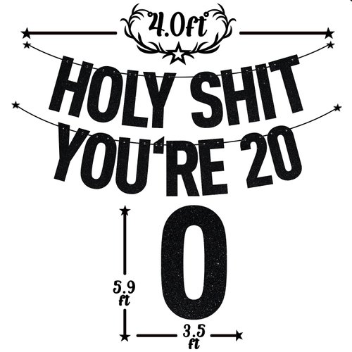 Black Glitter Holy Shit You're 20 Banner, Happy 20th Birthday/Cheers to 20 Years, 20th Birthday Party Decorations Supplies