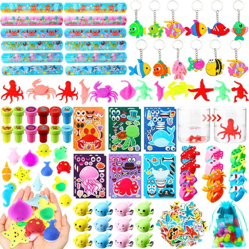 Capoda 156 Pcs Under the Sea Party Favors Ocean Themed Gifts Bulk Sea Animal Stickers Squeeze Slap Bracelet Stampers Piñata Stuffers for School Classroom Prizes Birthday Goodie Bag Fillers