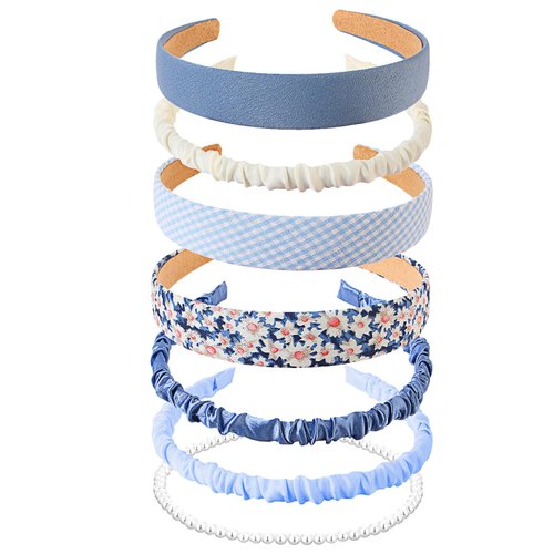 JELIEE 7 Pack Different Designs Headbands Fashion Headbands for Women Non Slip Flower Headband Cute Pearl Headbands for Girls Twisted Headband Blue White Solid Headbands Set