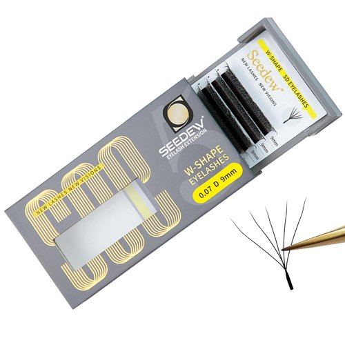 SEEDEW 5D Lash Extensions, 0.07mm D Curl 9mm 12 Rows/Tray, W Shape Flat Stem, Korean PBT Volume False Eyelashes Grafting for Beginner Artist, Lash Tech, Beauty Salon(5D-Matte Black-0.07-D-9mm)