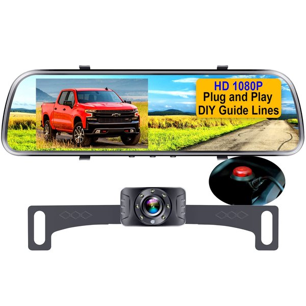 Backup Camera Mirror HD 1080P - Plug and Play Easy Set up Color Night Vision Rear View Mirror with License Plate Camera for Car Truck SUV Waterproof DIY Guide Lines AMTIFO A1