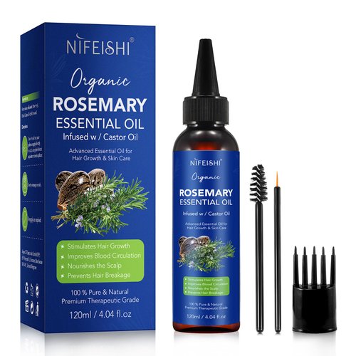 Rosemary Oil for Hair Growth, 120ml Pure Natural Organic Rosemary Essential Oil Infused w/Castor Oil Used for Scalp Massager, Improves Blood Circulation, Body Massage, Reduce Hair Loss