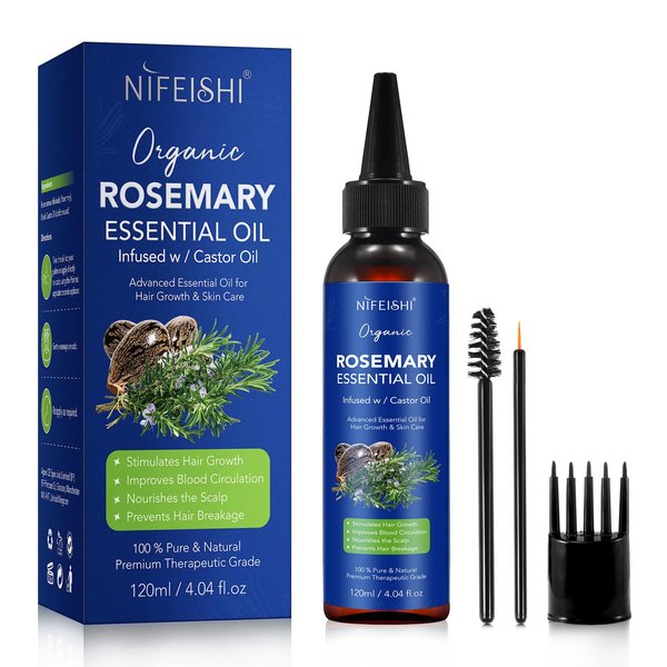 Rosemary Oil for Hair Growth, 120ml Pure Natural Organic Rosemary Essential Oil Infused w/Castor Oil Used for Scalp Massager, Improves Blood Circulation, Body Massage, Reduce Hair Loss