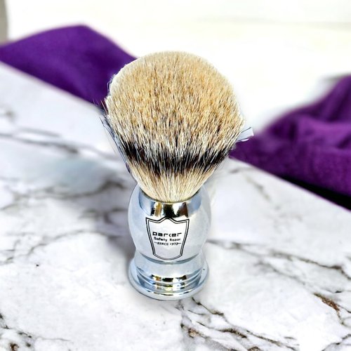 Parker 100% Silvertip Badger Bristle Shaving Brush–Chrome Handle with 3-Band-Silvertip Badger Hair Bristles – Extra Dense and Soft Bristles –Parker Shaving Brush Stand Included
