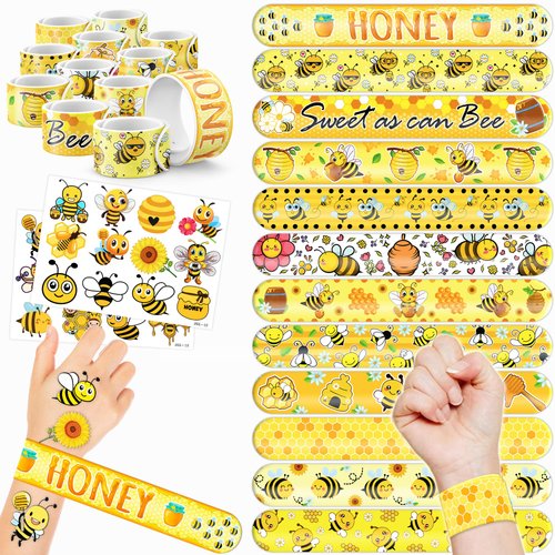 48 Bee 24PCS Bee Temporary Tattoos Sticker 24PCS Slap Bracelets Perfect for Themed Birthday Baby Showers or Classroom Rewards Ideal Decor and Gifts for Girls and Boys