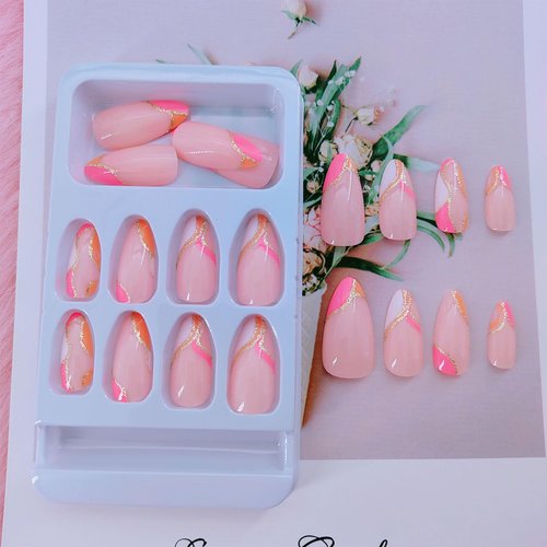 Almond Press on Nails Medium - Orange and Pink White Mingle French Tip Fake Nails Press ons, Golden Line Design Glue on Nails Light Pink Full Cover Glossy Acrylic Nails for Women 24 Pcs
