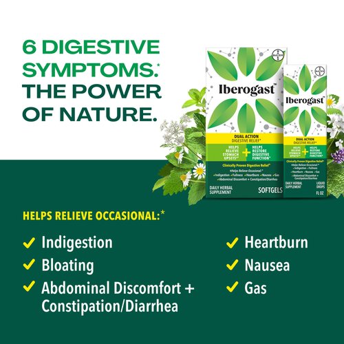 Iberogast Softgels, Herbal Relief of Stomach Upsets: Occasional Indigestion, Bloating, Gas, Nausea, Upset Stomach; 6-Herb Blend with Iberis Amara, Peppermint, Licorice, Lemon Balm; 30ct