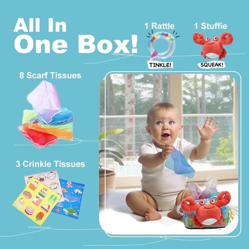 Toytellini Magic Little Sea Box - Baby Tissue Box Montessori Toy 6-12 Months, Baby Sensory Activity Box, 10+ Textured Fabrics with Crinkle Toy, Squeaky Crab, Rattle, Baby Boy Girl Gift for Christmas