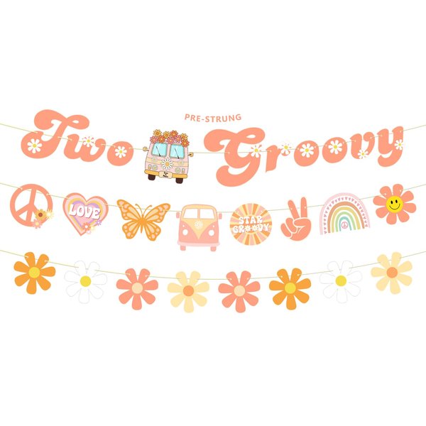 Hiyimipty Pre-Strung Two Groovy Party Decorations, NO DIY Boho Groovy Birthday Decor Hippie Daisy Flower Party Banners, 2 Groovy Retro Party Supplies