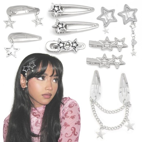 YAEISM 10PCS Star Hair Clips Y2K Silver Hair Clips Metal Star Barrettes 8 Shapes Pentagram Hair Snap Clips Punk Kawaii 2000s Hair Accessories for Women
