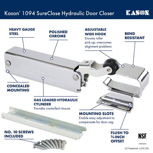 Kason 1094 SureClose Hydraulic Door Closer and Hook, Concealed Mounting, Adjustable Wide-Hook, Flush to 3/4 Inch Offset, 1094000013_11094000026