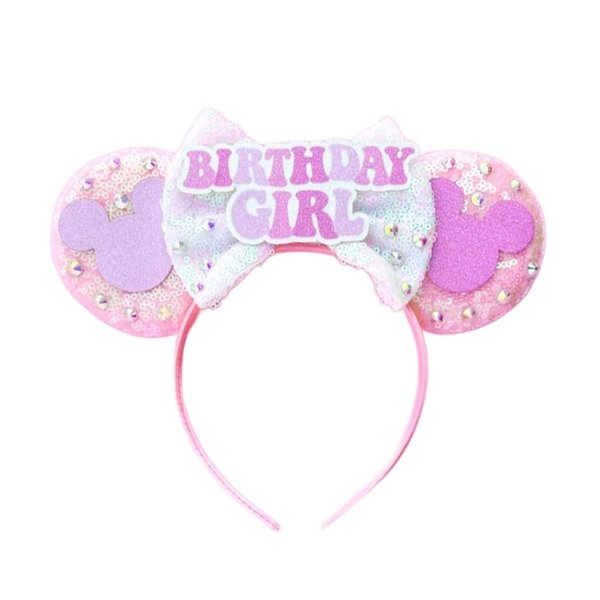 WW-WONDERFULWORLD Mouse Ears Birthday Headbands With Shiny Sequins Diamond Decoration, for Girls Costume Cosplay Glitter Party, for Kids & Adult, Pink; BR-3