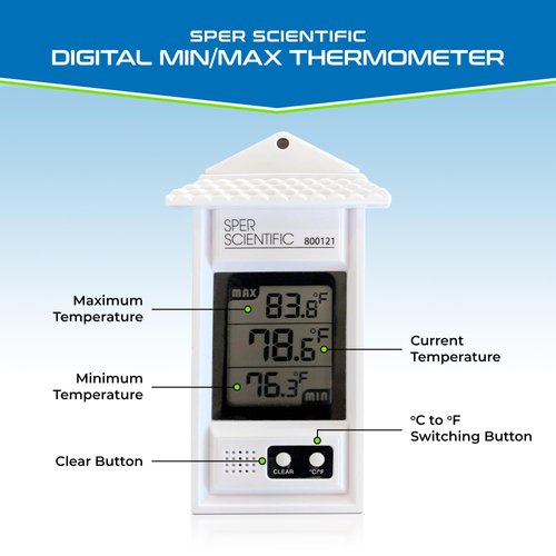 Sper Scientific Compact Digital Min/Max Thermometer 800121 - Wide Range Temperature Logger with Clear LCD Display - Ideal for Laboratories, Food Storage, HVAC & Greenhouses - 2 pc