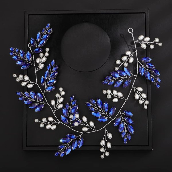Denifery Wedding Crystal Pearl Hair Vine Bridal Rhinestone Headband Handmade Wedding Headpiece Crystal Hair Pieces Hair Accessories for Bride Women Girls (Deep Blue)