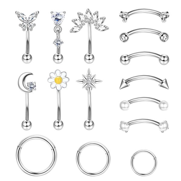 JOERICA 15 Pcs 16G Rook Piercing Jewelry Curved Eyebrow Rings Stainless Steel Butterfly Heart Moon Flower Barbell CZ Belly Lip Rings Cartilage Hoop Rook Daith Earrings Tragus Body Piercing Jewelry
