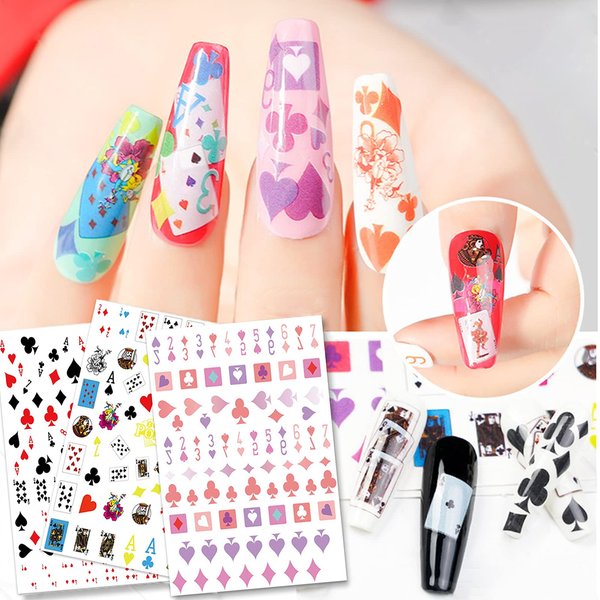 Penugo 10 Sheets Self-Adhesive Poker Nail Art Stickers, Playing Card Pattern Nail Decals for Nail Art DIY Design, Geometric Numbers Letter Style Manicure Decorations Sticker for Women/Girls
