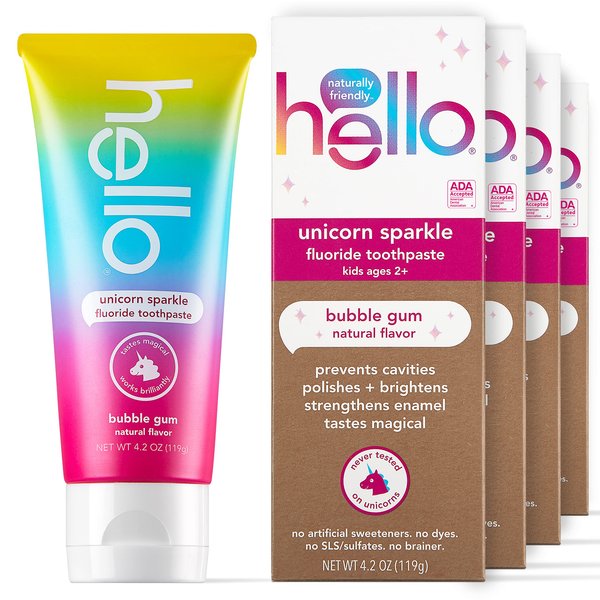hello Kids Unicorn Sparkle Fluoride Toothpaste with Natural Bubble Gum Flavor, Vegan, SLS & Gluten Free, 4.2 oz, 4 Count
