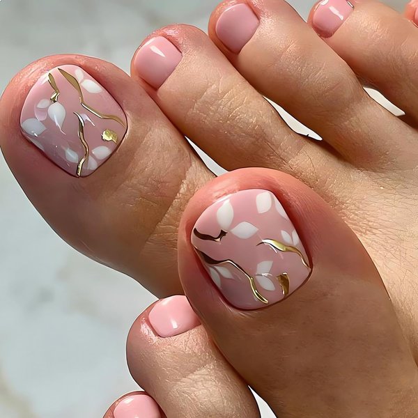 SINSEN Pink Press On Toe nails, 24 Pcs Short Square Toenails Press Ons with Fresh Flower Designs, Summer Elegant Full Cover Fake Toenails Cute Glue On Acrylic Toe Nails Kit