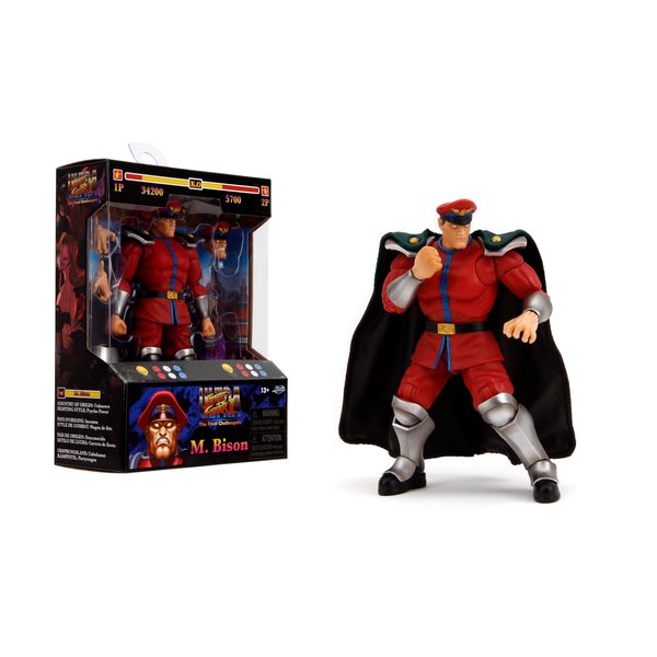 Jada Toys – Street Fighter II M. Bison Action Figure Wave 2 – 1:12 Scale, 6" Tall, Interchangeable Heads, Hands, Purple Fire Accessory