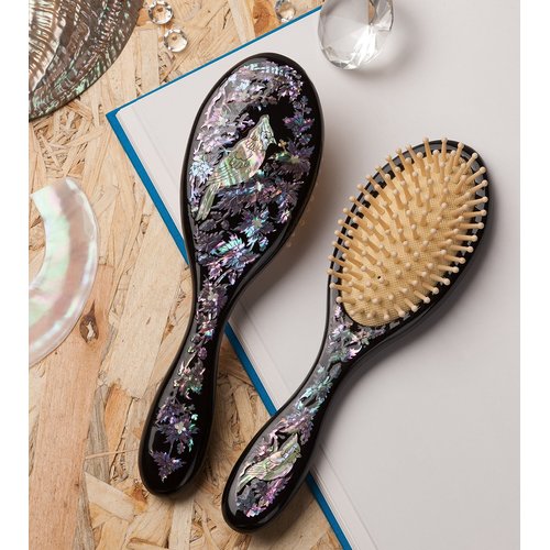 Antique Alive Mother of Pearl Inlay Art Parrot Bird Christmas Flower Luxury Oval Black Hair Brush Detangling Anti Static Scalp Massage Comb Wooden Handle Bristle Cushion Kids Girl Boy Gift Hairbrush