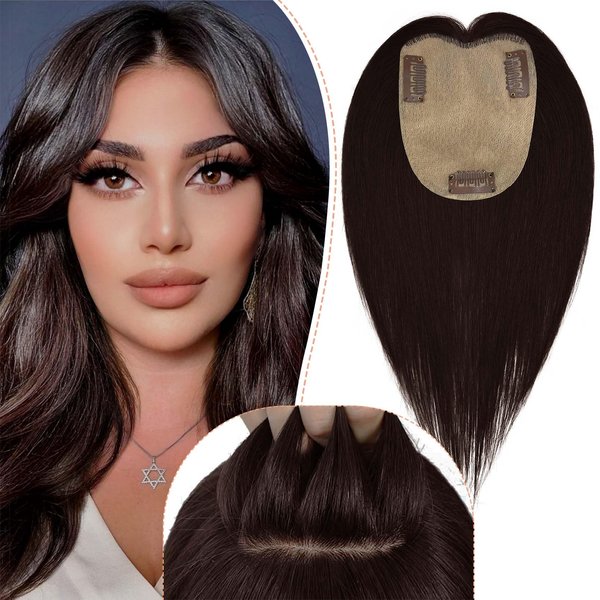 POWERASIA Hair Toppers for Women Real Human Hair Extensions with Thinning Hair No Bangs Wiglets Upgrade 3.9x4.7Inch Silk Base Clip ins Hair Pieces 150% Density Remy Hair Wig Topper #2 Dark Brown