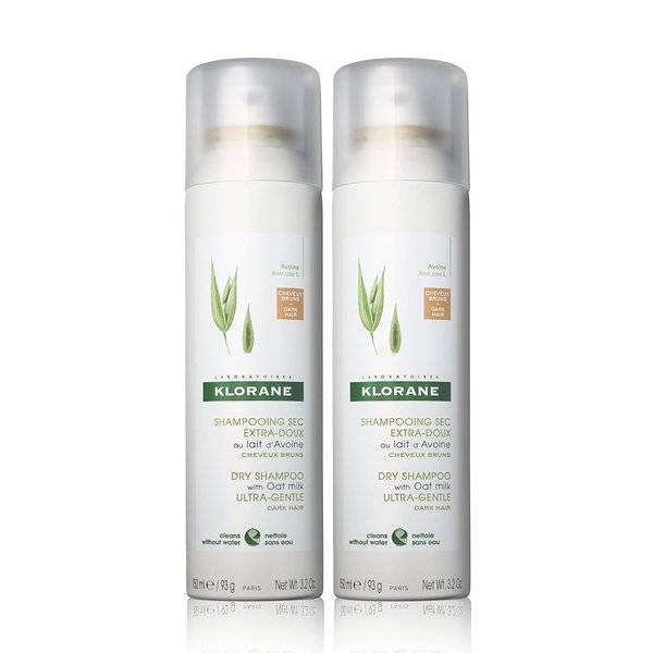 Klorane Dry Shampoo with Oat Milk, For Dark Hair, Natural Tint, All Hair Types, Paraben & Sulfate-Free, 3.2 Fl Oz (Pack of 2)