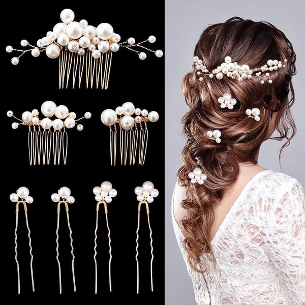 7PCS Pearl Wedding Hair Combs Bridal Headpiece Pearl Hair Pins Hair Clips Elegant Hair Accessories for Bridesmaids Brides Flower Girls
