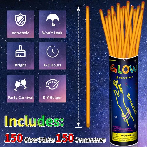 8” 150 Orange Glow Sticks Bracelet Bulk Glow Sticks with 150 Connectors Accessories Glow In The Dark Party Supplies for Christmas Holiday Decoration Neon Party Carnival (Orange)