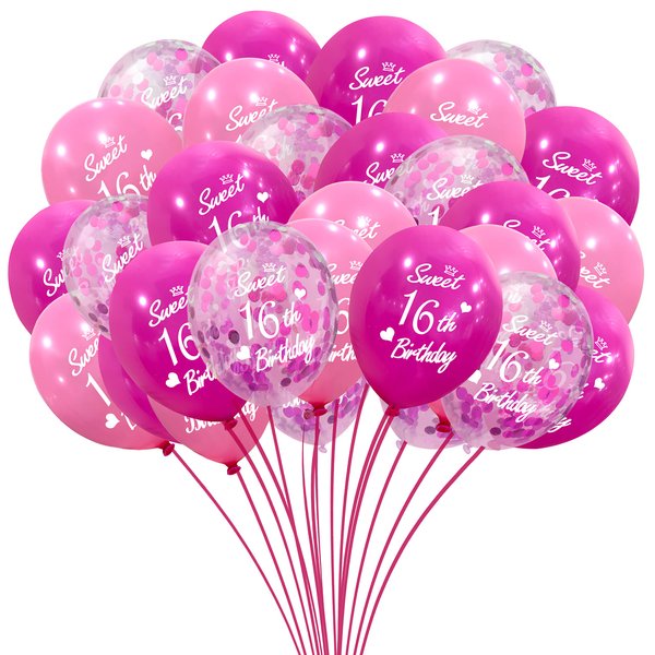 Sweet 16th Birthday Latex Balloons Confetti Balloon Pink and Hot Pink Party Decorations 30 Pack 12 Inch Helium Printed 16 Number With Happy Birthday Balloon for Girl