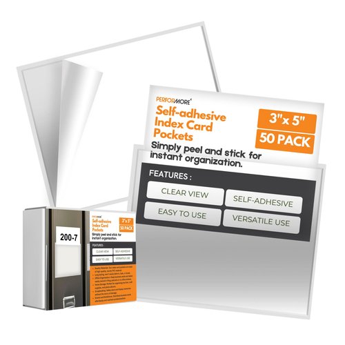 Performore 50-Pack Self-Adhesive 3x5 Index Card Pockets | Top-Loading Clear Plastic Sleeves | Durable Reusable Label Holders for Bulletin Boards, Walls, Storage Bins, and Classrooms