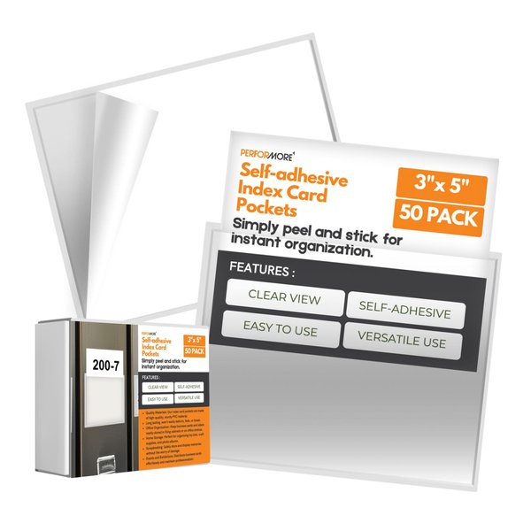 Performore 50-Pack Self-Adhesive 3x5 Index Card Pockets | Top-Loading Clear Plastic Sleeves | Durable Reusable Label Holders for Bulletin Boards, Walls, Storage Bins, and Classrooms