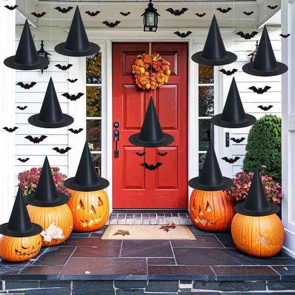 Dokeawo Witch Hat, 12 Pack Halloween Decorations, Includes 32Pcs 3D Bats, Hanging Witch Hats, Witches Costume Accessory for Halloween Party Favor, Oxford Fabric, Foldable Design, Black