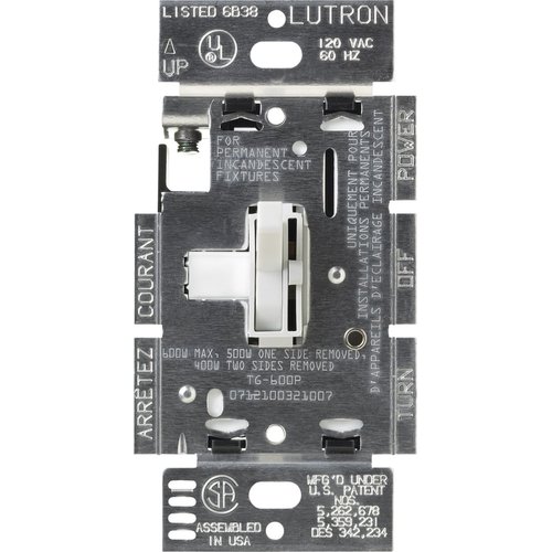 Lutron Toggler Incandescent 600-Watt Single-Pole Dimmer Switch, TG-600PH-WH, White